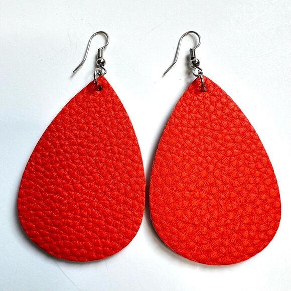 Teardrop Faux Leather Textured Orange Earrings - Picture 1 of 10